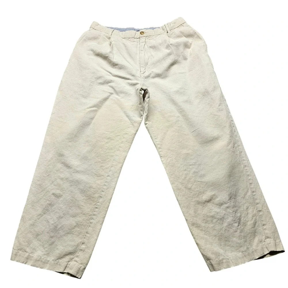 Club Room Mens 33x30 Linen Cotton Pleated Pants Beige Wide Leg Relaxed Chinos